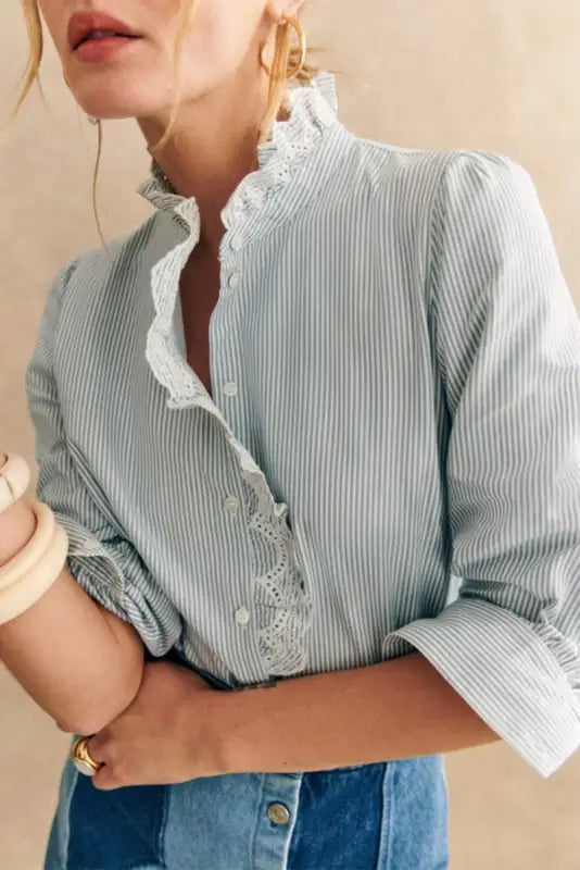 Sky blue striped frill-trim shirt