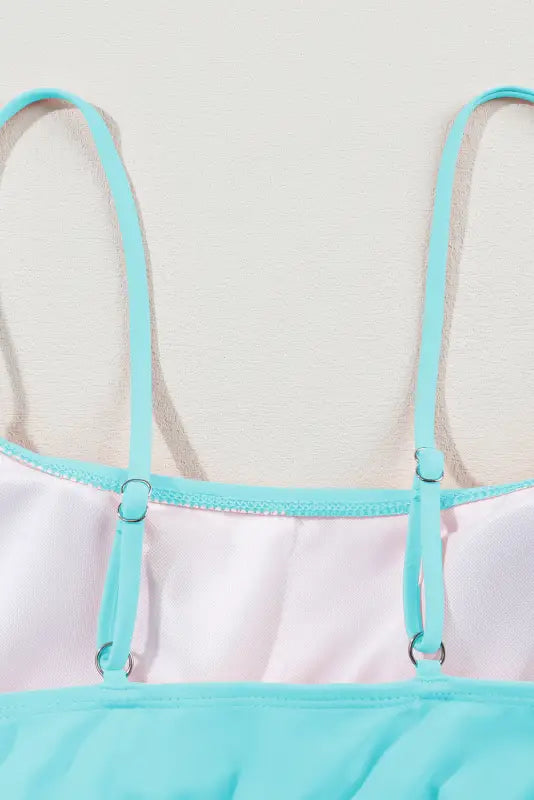 Sky blue striped patchwork bikini top with adjustable straps for high waist swimsuits