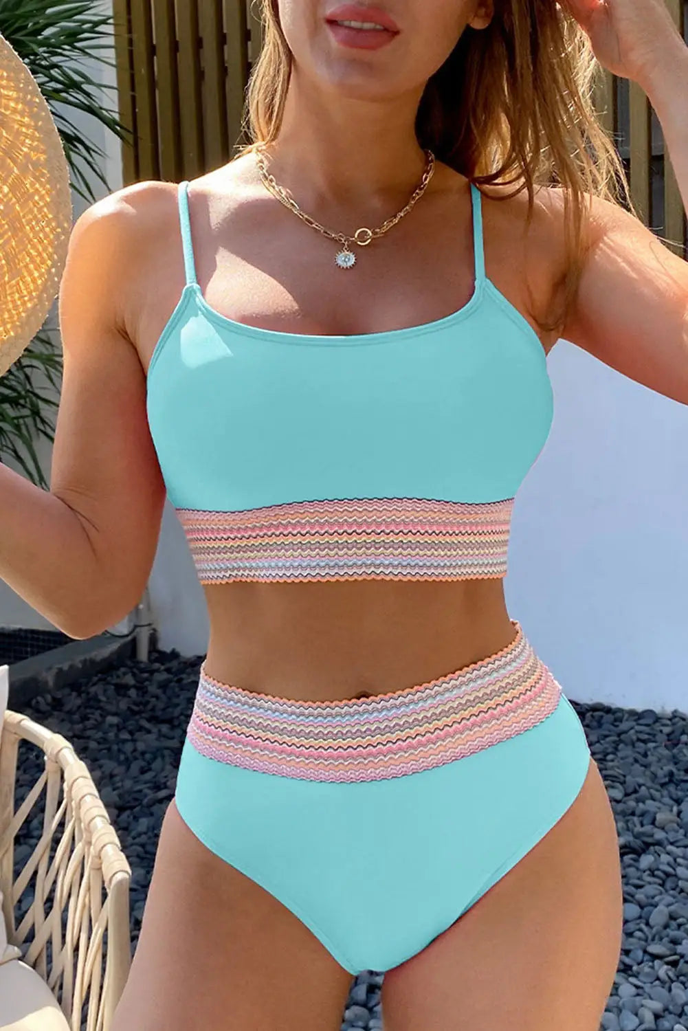 Sky blue striped patchwork spaghetti strap high waist bikini