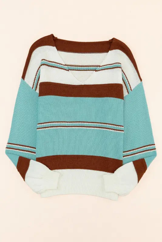 Sky blue striped pattern knit v neck sweater - sweaters & cardigans