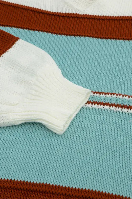 Sky blue striped pattern knit v neck sweater - sweaters & cardigans