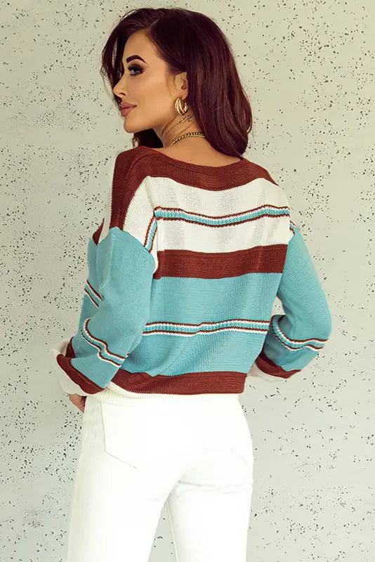 Sky blue striped pattern knit v neck sweater - sweaters & cardigans