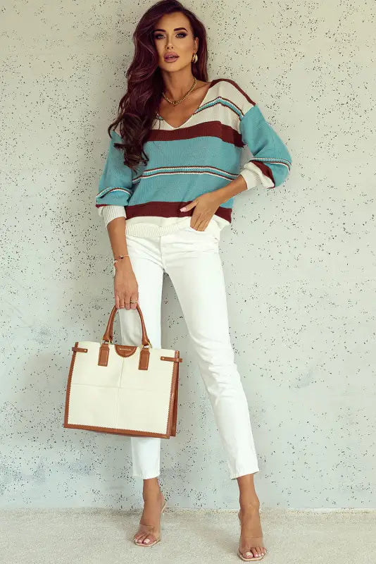 Sky blue striped pattern knit v neck sweater - sweaters & cardigans