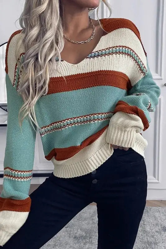 Sky blue striped pattern knit v neck sweater - sweaters & cardigans