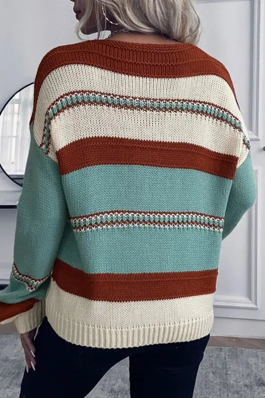 Sky blue striped pattern knit v neck sweater - sweaters & cardigans