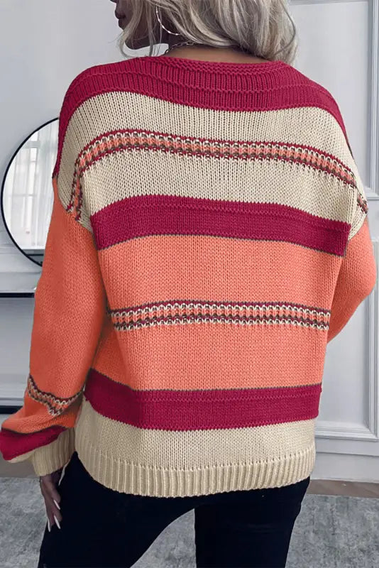 Sky blue striped pattern knit v neck sweater - sweaters & cardigans