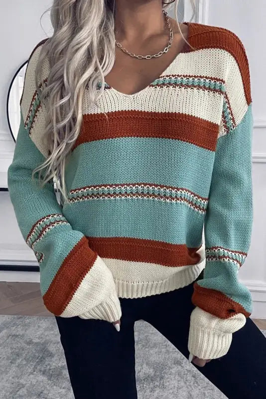 Sky blue striped pattern knit v neck sweater - sweaters & cardigans