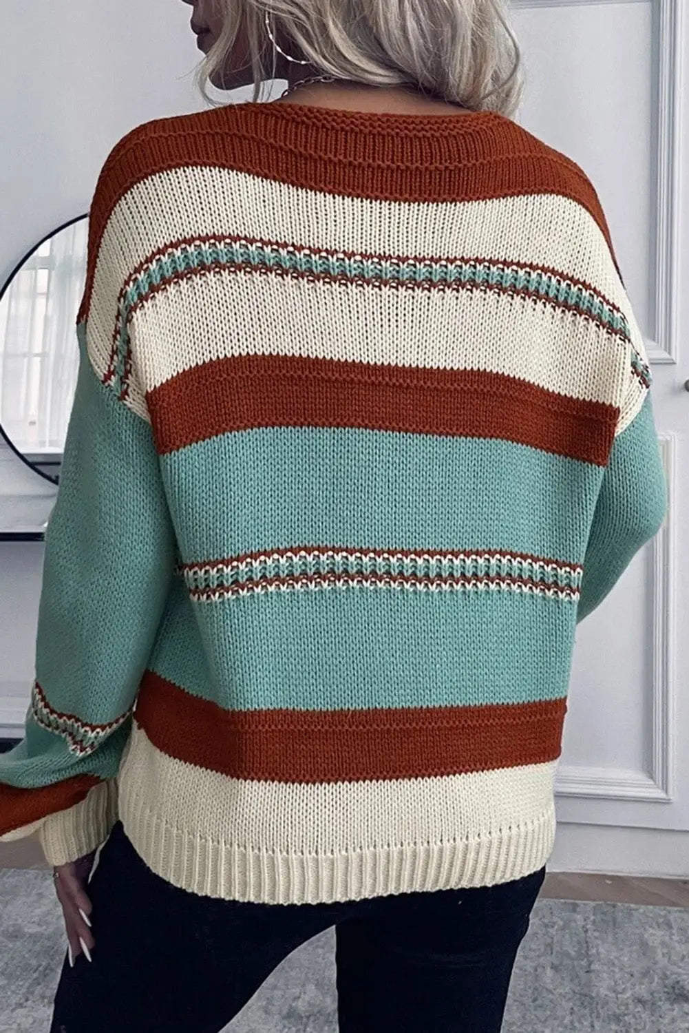 Sky blue striped pattern knit v neck sweater - sweaters & cardigans