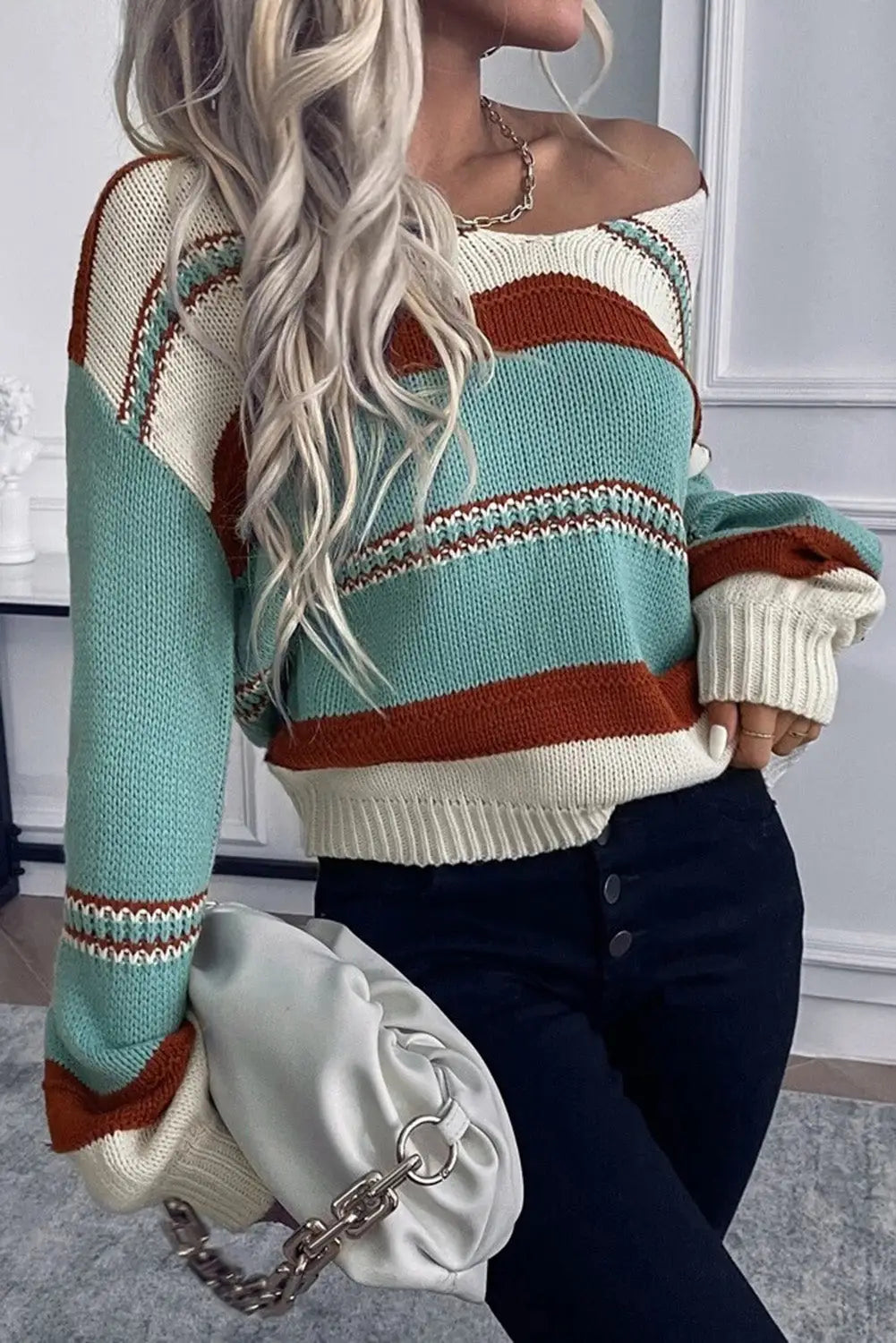 Sky blue striped pattern knit v neck sweater - sweaters & cardigans