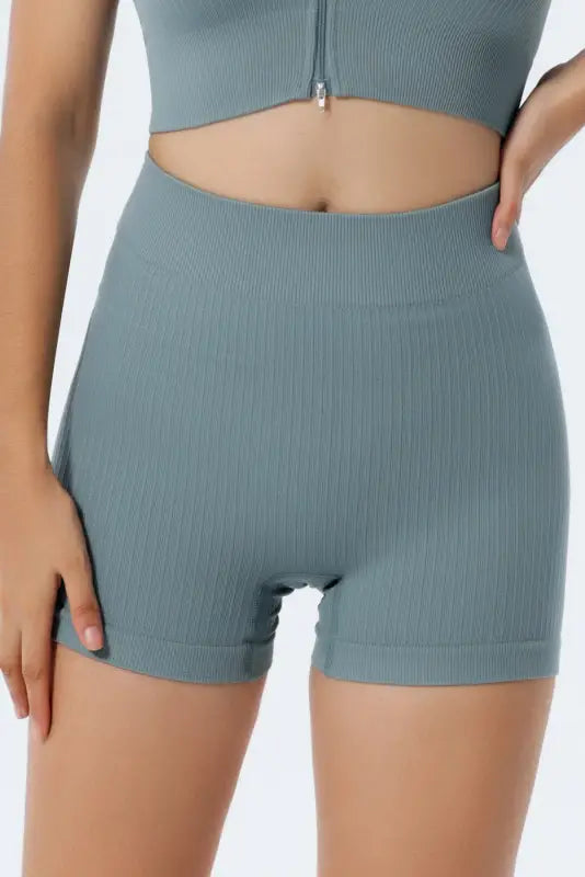 Sky blue textured butt lifting high waist yoga shorts - active