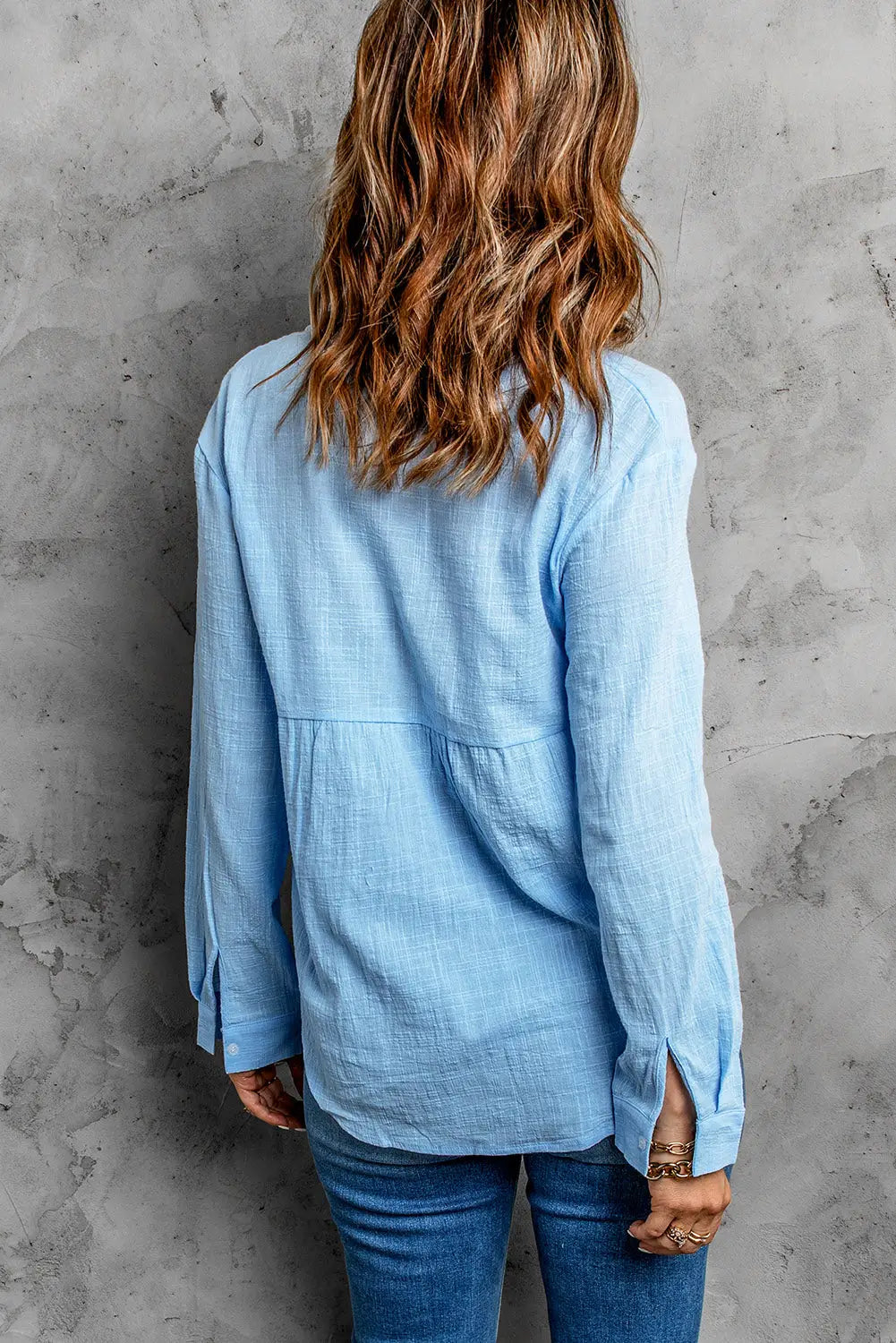 Sky blue textured solid color basic shirt - blouses & shirts