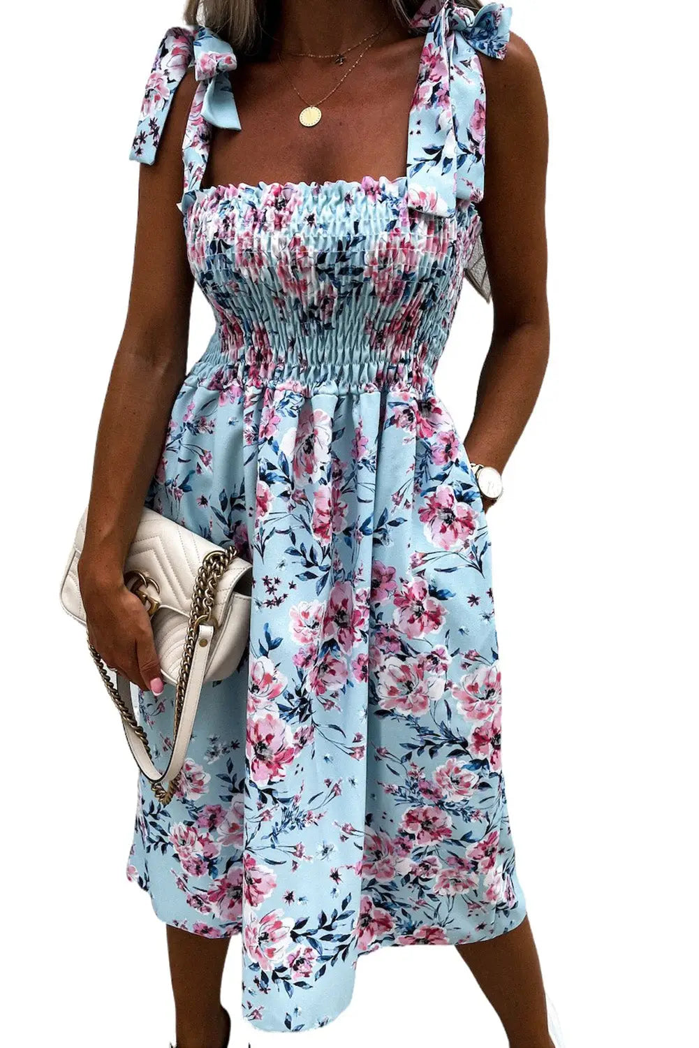 Sky blue tie straps smocked floral dress - dresses