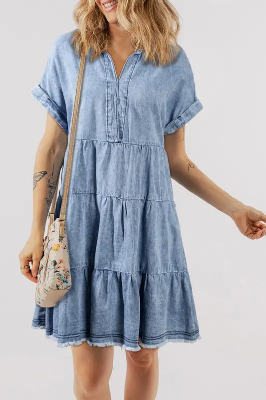 Sky blue tiered denim dress - beau / s / 95% cotton + 5% polyester - dresses/mini dresses