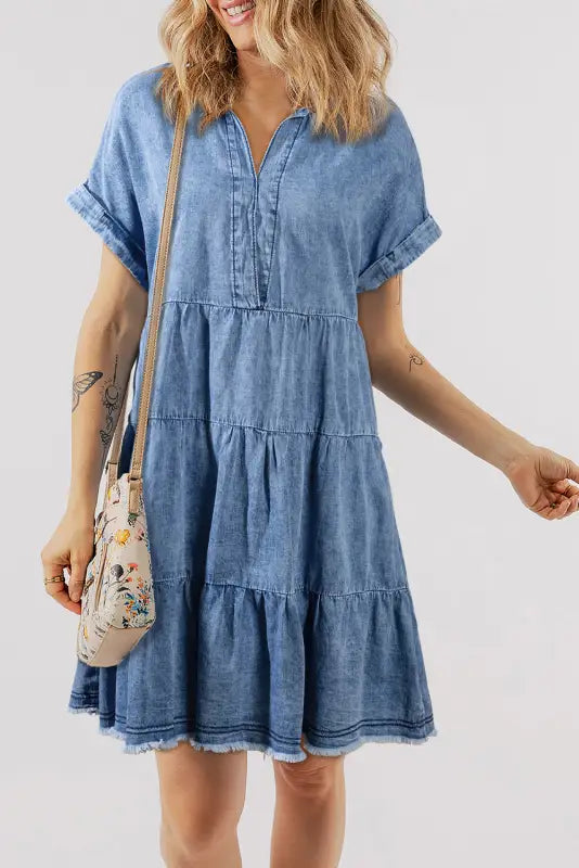 Sky blue tiered denim dress - s / 95% cotton + 5% polyester - dresses/mini dresses