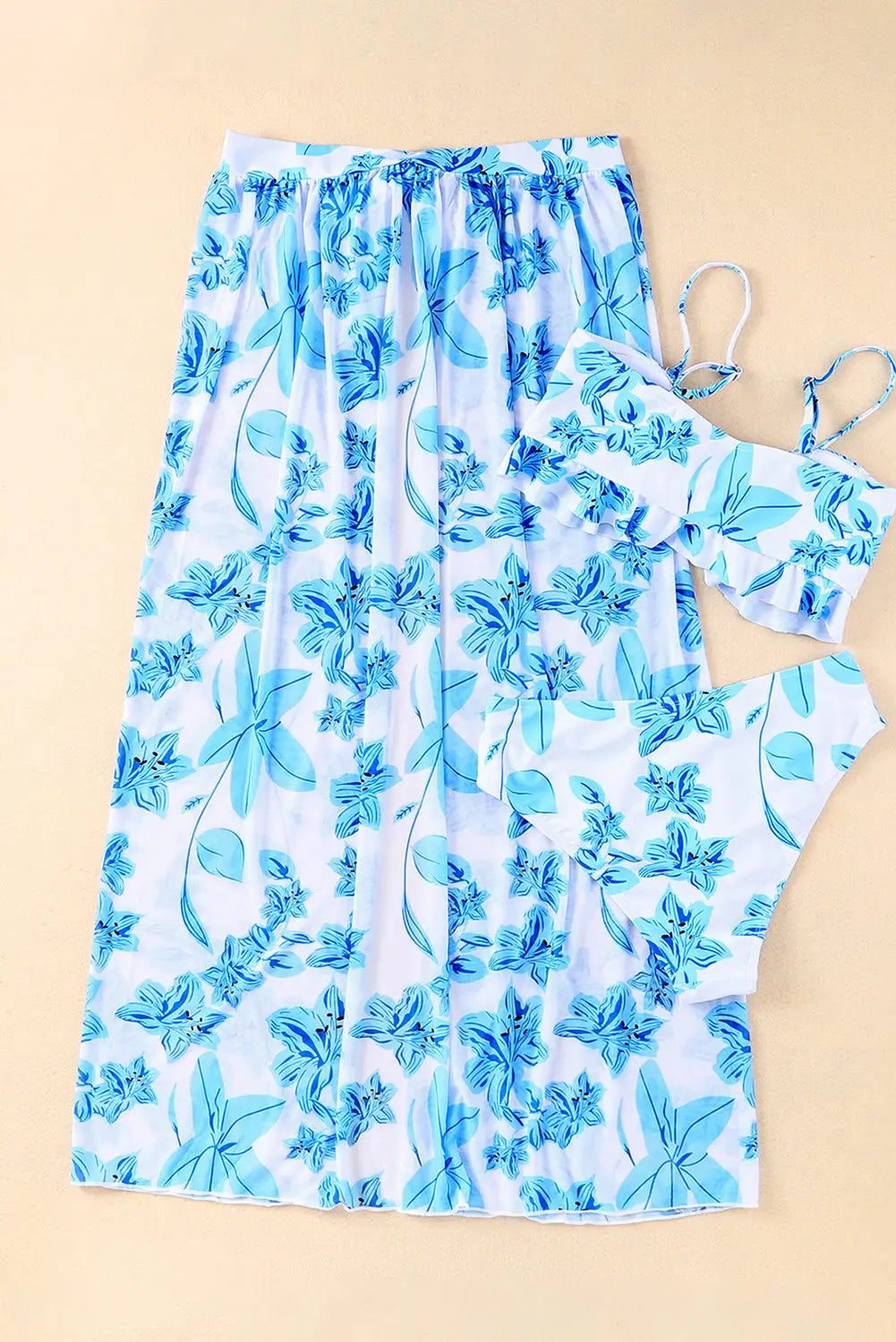 Sky blue tropical ruffle bikini high waisted swimsuit with sarong - bikinis