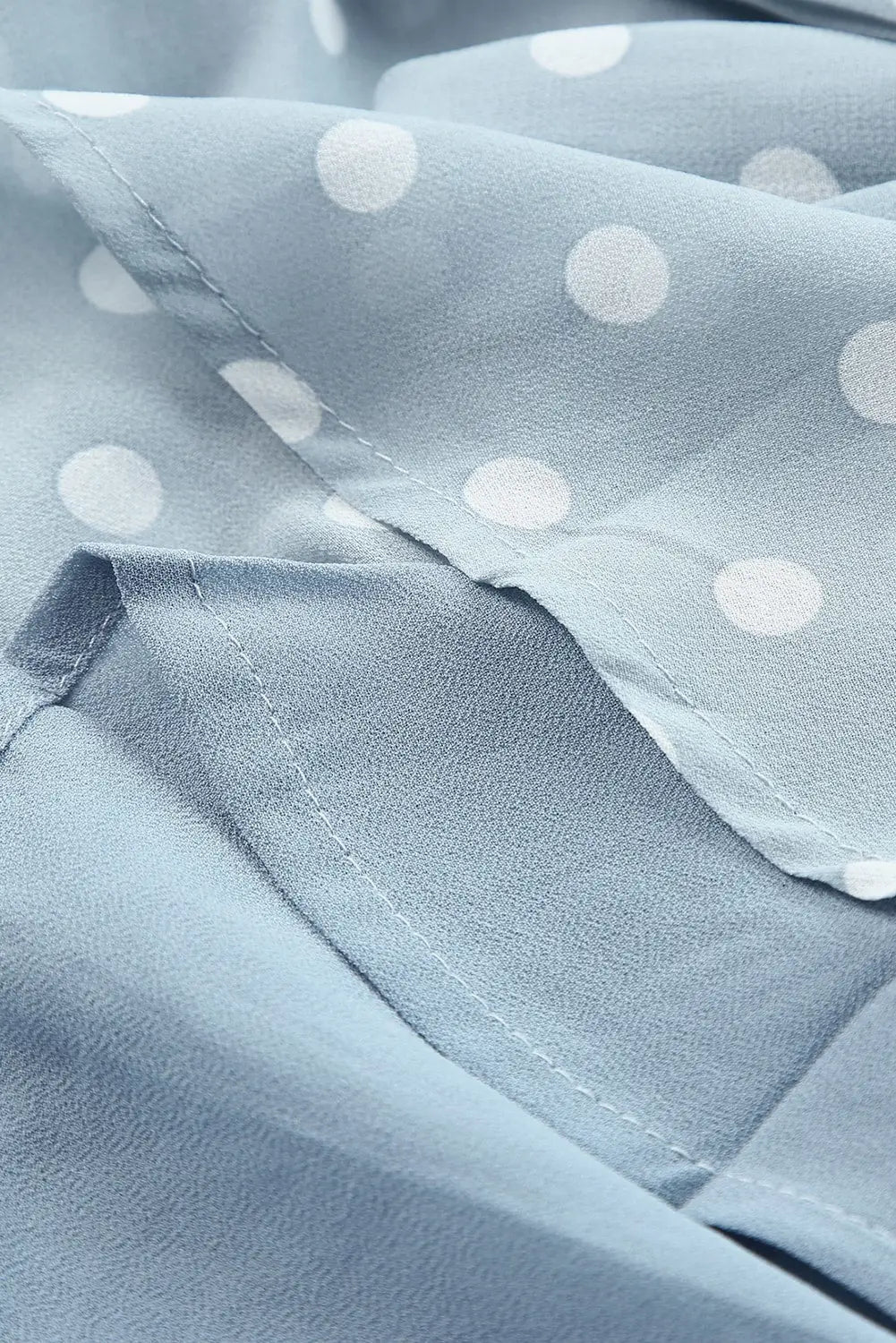 Sky blue v neck baggy sleeve waist tie double layer ruffle hem dotted print short dress - mini dresses