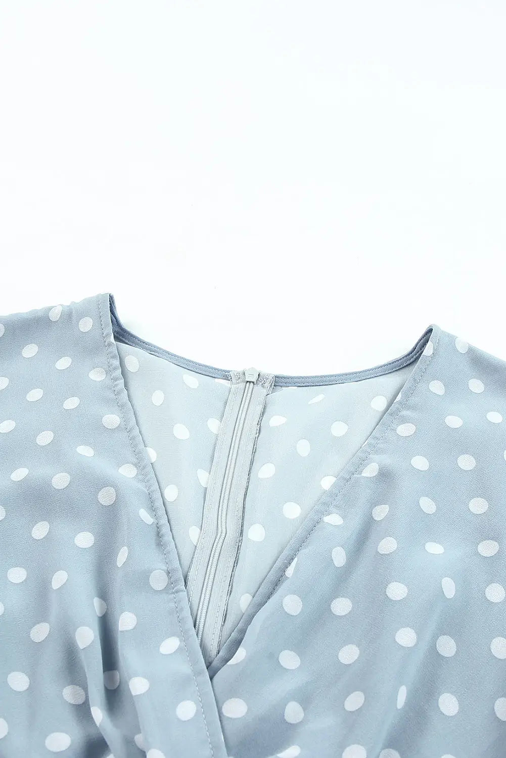 Sky blue v neck baggy sleeve waist tie double layer ruffle hem dotted print short dress - mini dresses