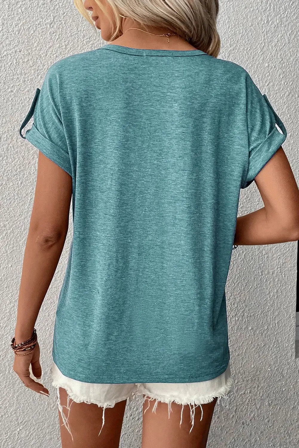 Sky blue v-neck rolled short sleeve henley top - t-shirts