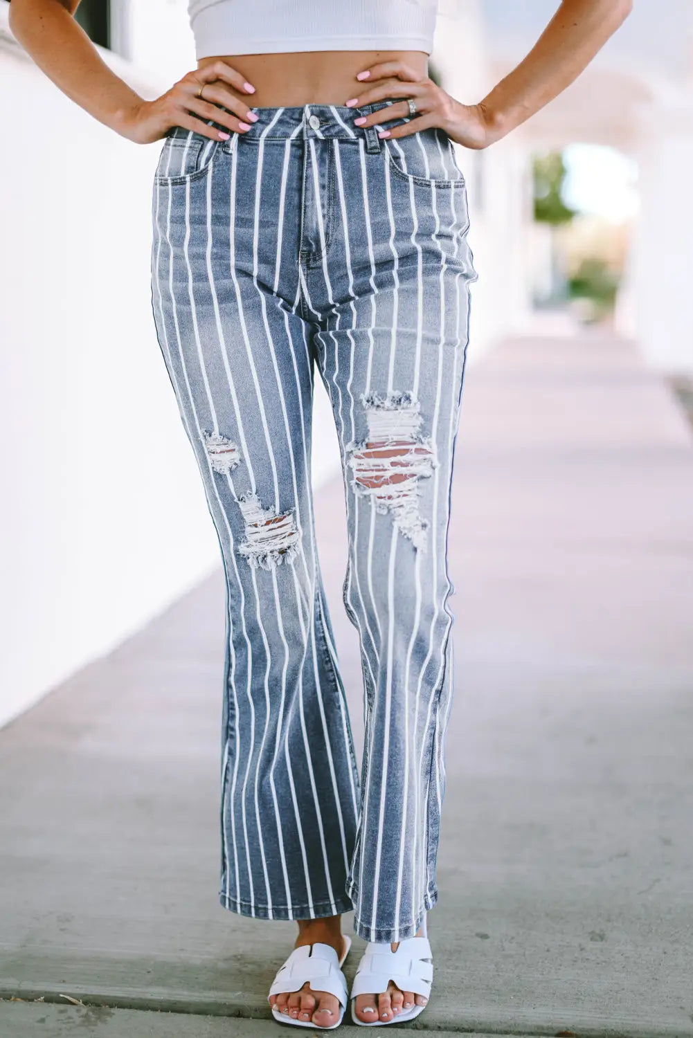 Sky blue vertical striped ripped flare jeans - 6 / 71.5% cotton + 25% polyester + 2% viscose + 1.5% elastane