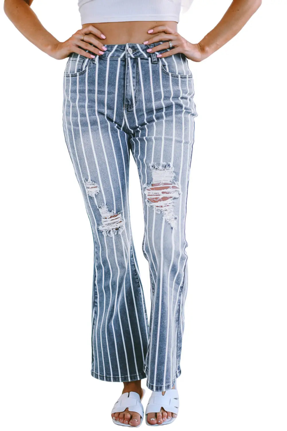 Sky blue vertical striped ripped flare jeans