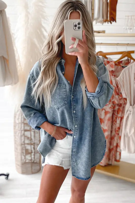 Sky blue vintage washed chest pocket denim shirt - tops