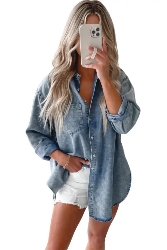 Sky blue vintage washed chest pocket denim shirt - tops