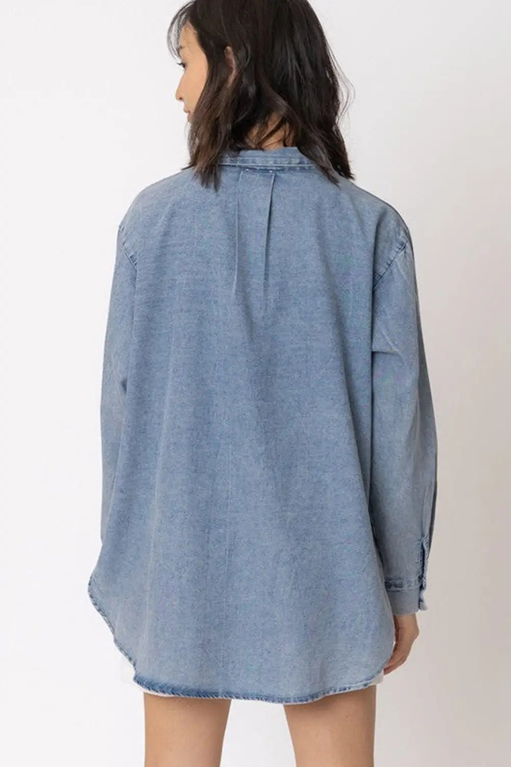 Sky blue vintage washed chest pocket denim shirt - tops