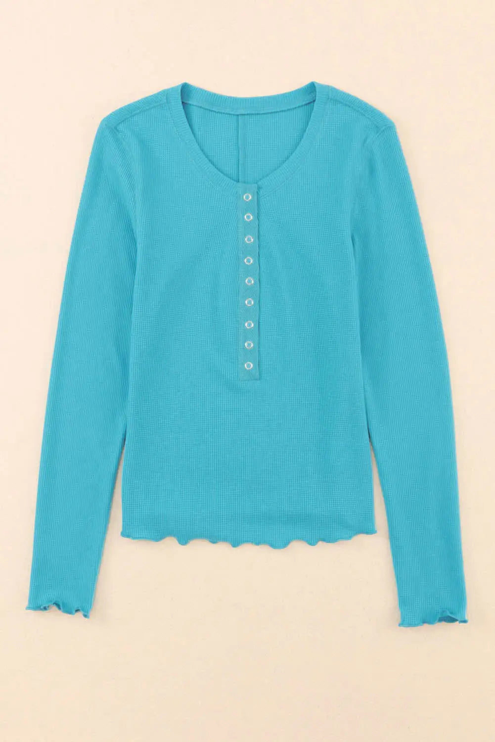 Sky blue waffle knit long sleeve buttoned henley top - tops