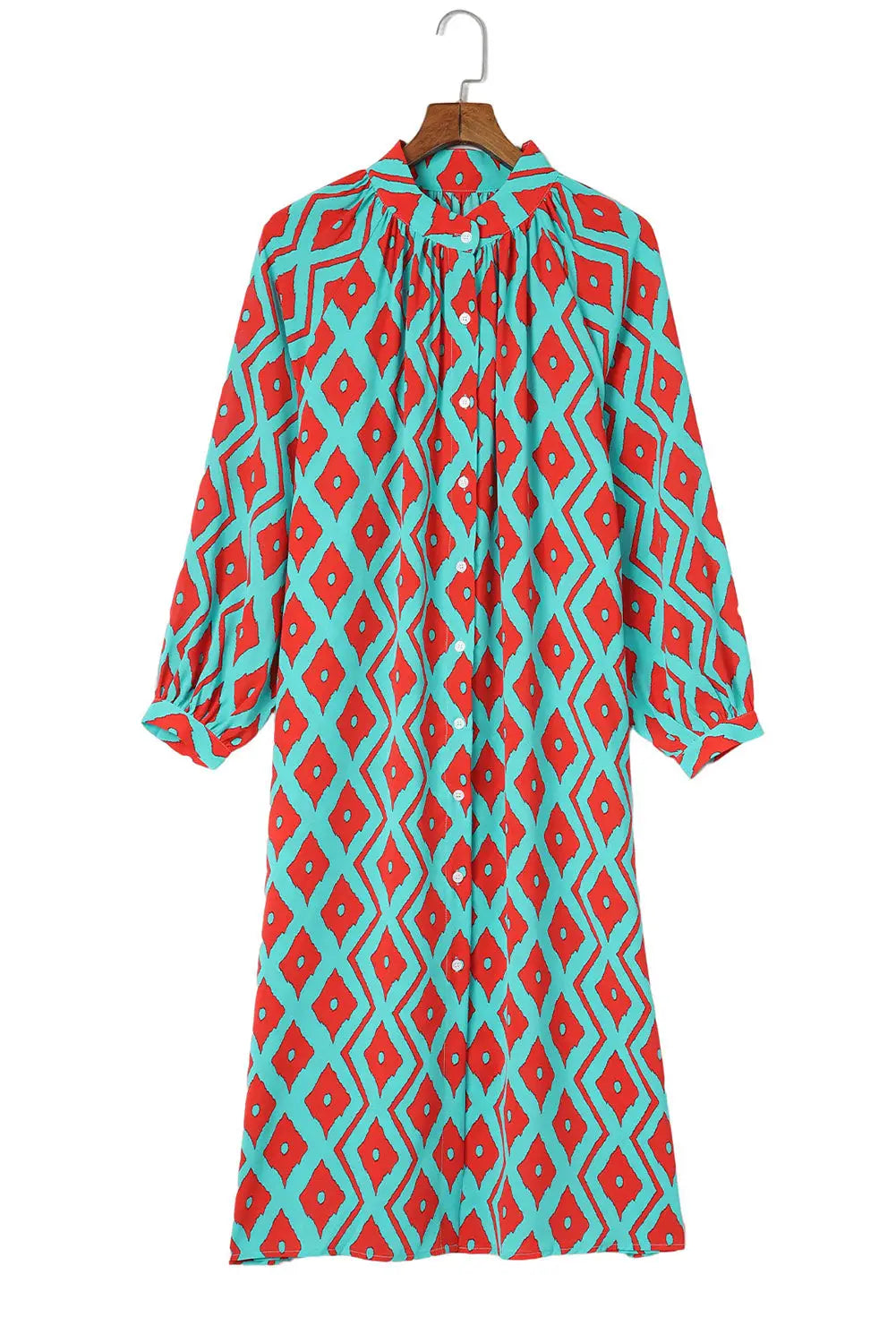 Sky blue western geometric print split buttoned shirt dress - midi dresses