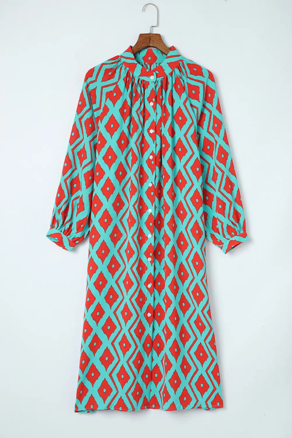 Sky blue western geometric print split buttoned shirt dress - midi dresses