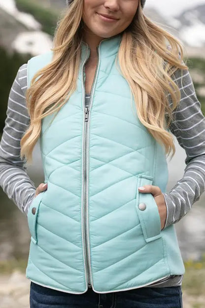 Sky blue zip-up side pockets puffer vest - s / 100% polyester