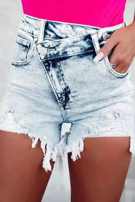 Skyline Fray Crossed Denim Shorts - Fashionfitz