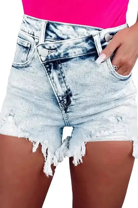 Skyline Fray Crossed Denim Shorts - Fashionfitz