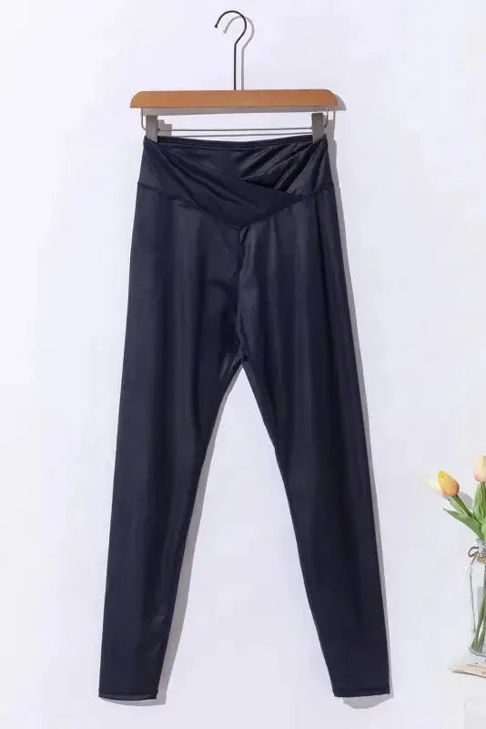 Sleek Leather Leggings - Crossed Dip Waist - Fashionfitz
