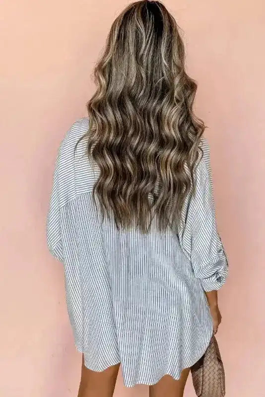 Back view of Striped Longline Tunic Shirt showing relaxed fit and shirt collar detail — Fashionfitz
