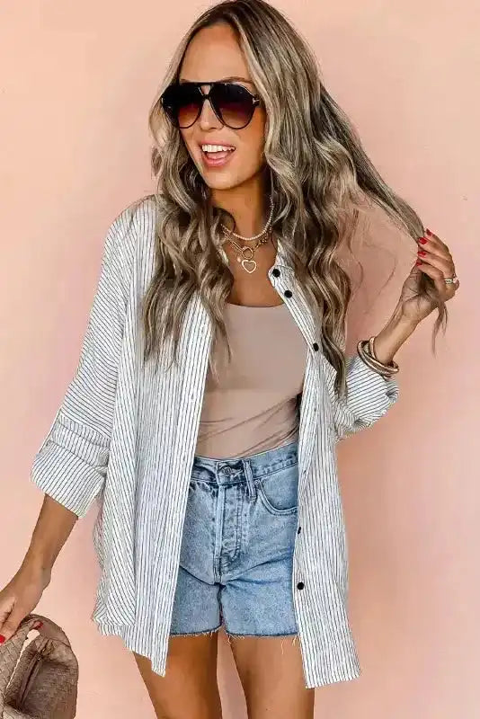 Close-up of Striped Longline Tunic Shirt showing clean stripe pattern and half-button placket detail — Fashionfitz