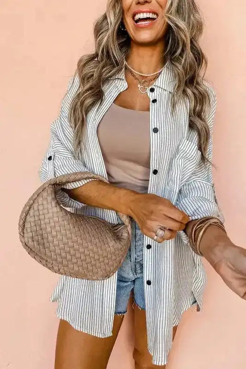 Striped longline tunic casual urban shirt front view — Fashionfitz UK