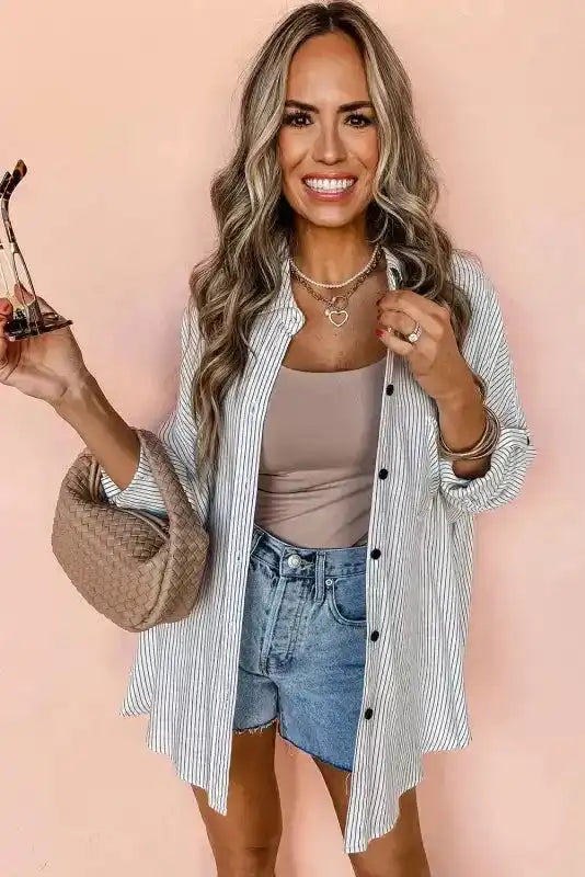 Striped Longline Tunic Shirt Women UK styled as an effortless casual urban outfit — Fashionfitz
