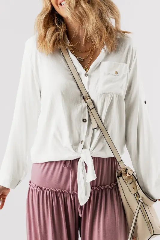 Sleeve-up chic white blouse - blouses