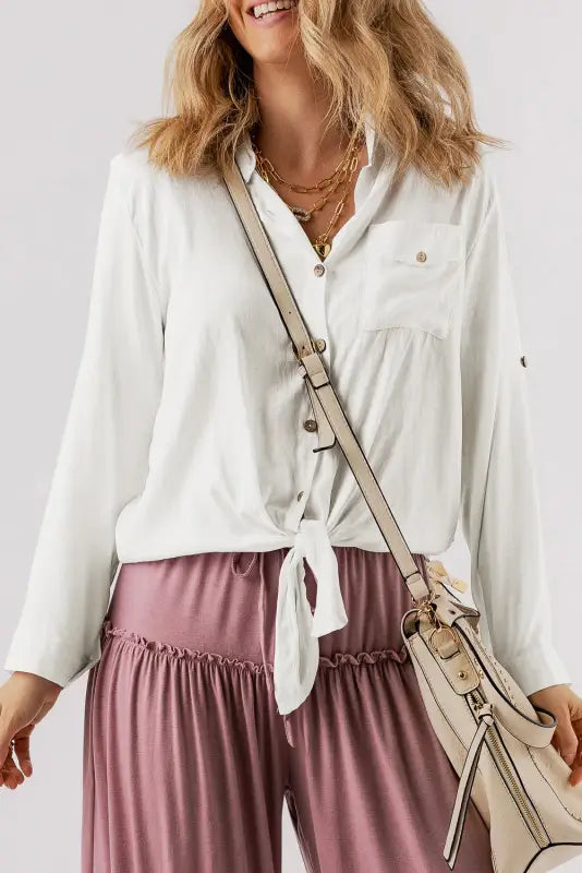 Sleeve-up chic white blouse - blouses