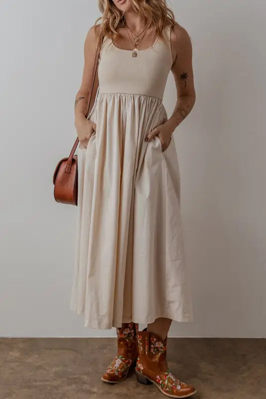 Sleeveless midi dress - ribbed bodice pleated