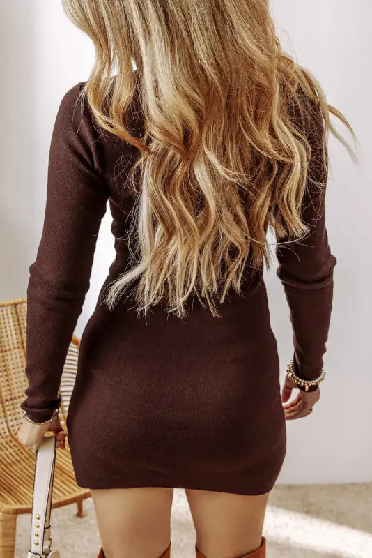 Slim fit jumper dress - coffee mock neck side slit