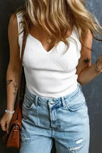 Slim Fit Tank Top - White Rib Knit Notched V-Neck - Fashionfitz