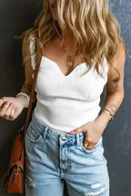 Slim Fit Tank Top - White Rib Knit Notched V-Neck - Fashionfitz