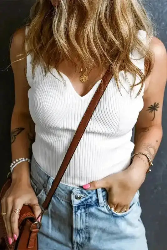 Slim Fit Tank Top - White Rib Knit Notched V-Neck - Fashionfitz