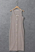 Slim Maxi Dress - White Striped Sleeveless Buttoned - Fashionfitz