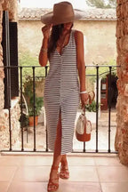 Slim Maxi Dress - White Striped Sleeveless Buttoned - Fashionfitz