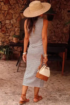 Slim Maxi Dress - White Striped Sleeveless Buttoned - Fashionfitz
