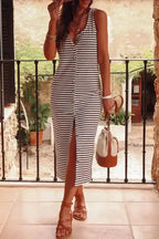 Slim Maxi Dress - White Striped Sleeveless Buttoned - Fashionfitz