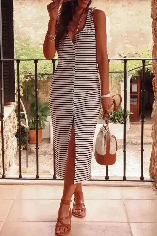 White striped sleeveless buttoned slim maxi dress front view — Fashionfitz UK